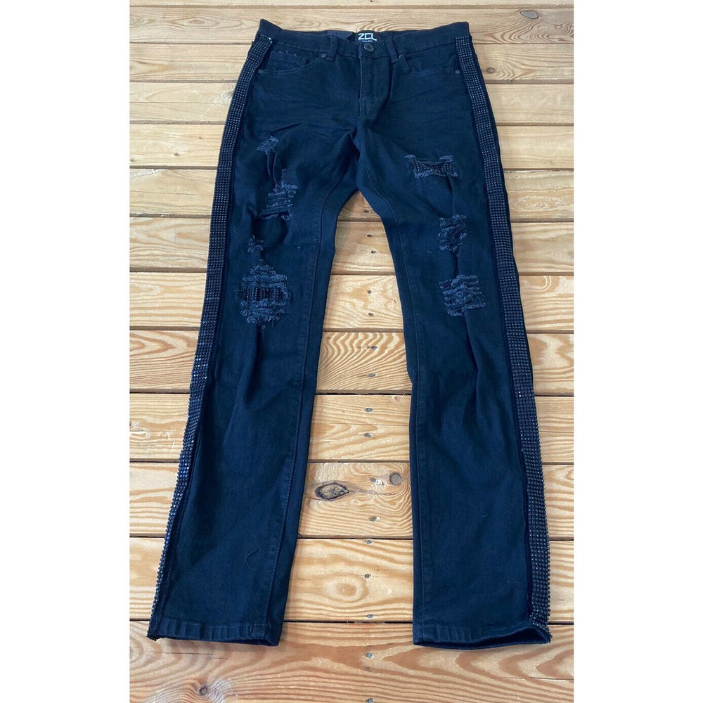 NWT ZCL Denim Jeans Size 30 Women’s Black Ripped Rhinestone Stripe MSRP $45